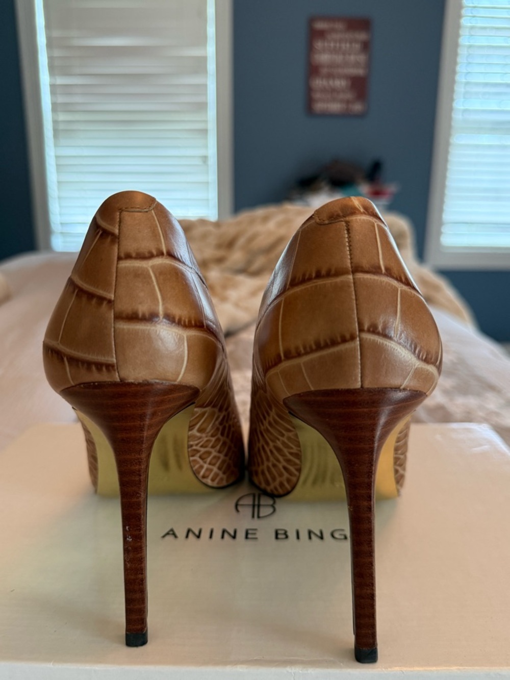 Coach Brown Croc-Embossed Pointed Toe Pumps with Gold Plate - Picture 3 of 12